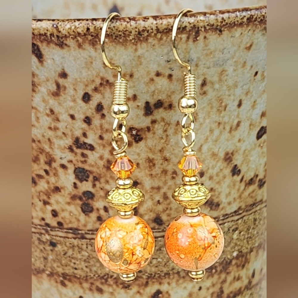 Orange & Gold Dangle Earrings,‎ Fall Earrings, Handcrafted